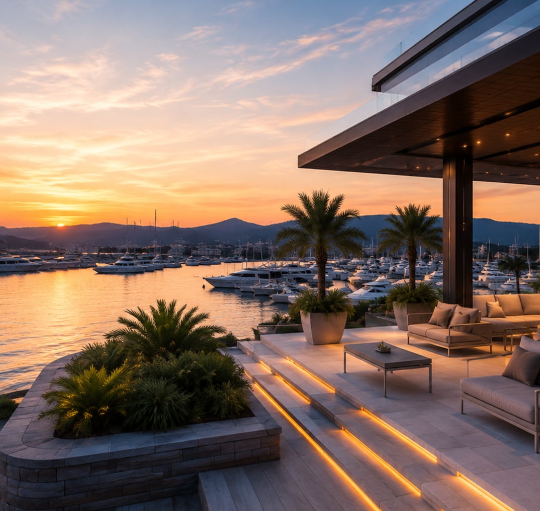 Luxury waterfront property at sunset